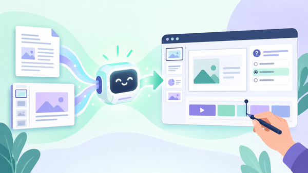A storyboard document and slide deck flow through a friendly AI converter into an editable course proj